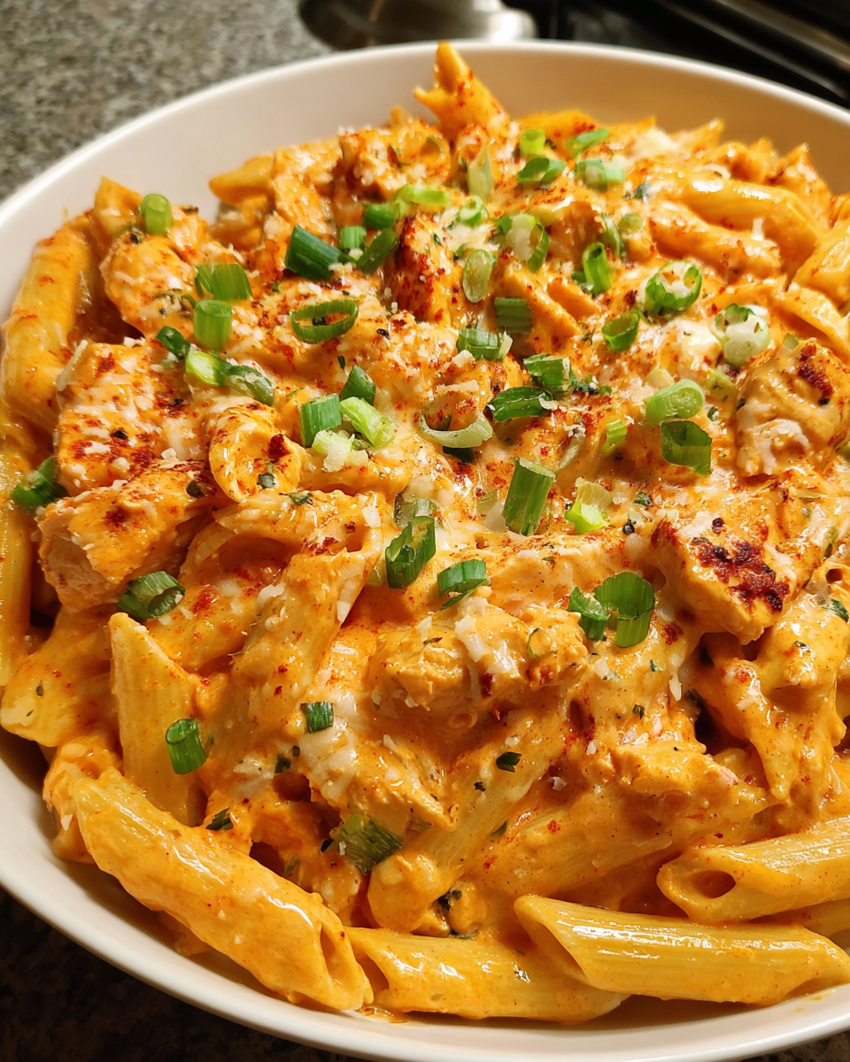 creamy buffalo chicken pasta in a skillet