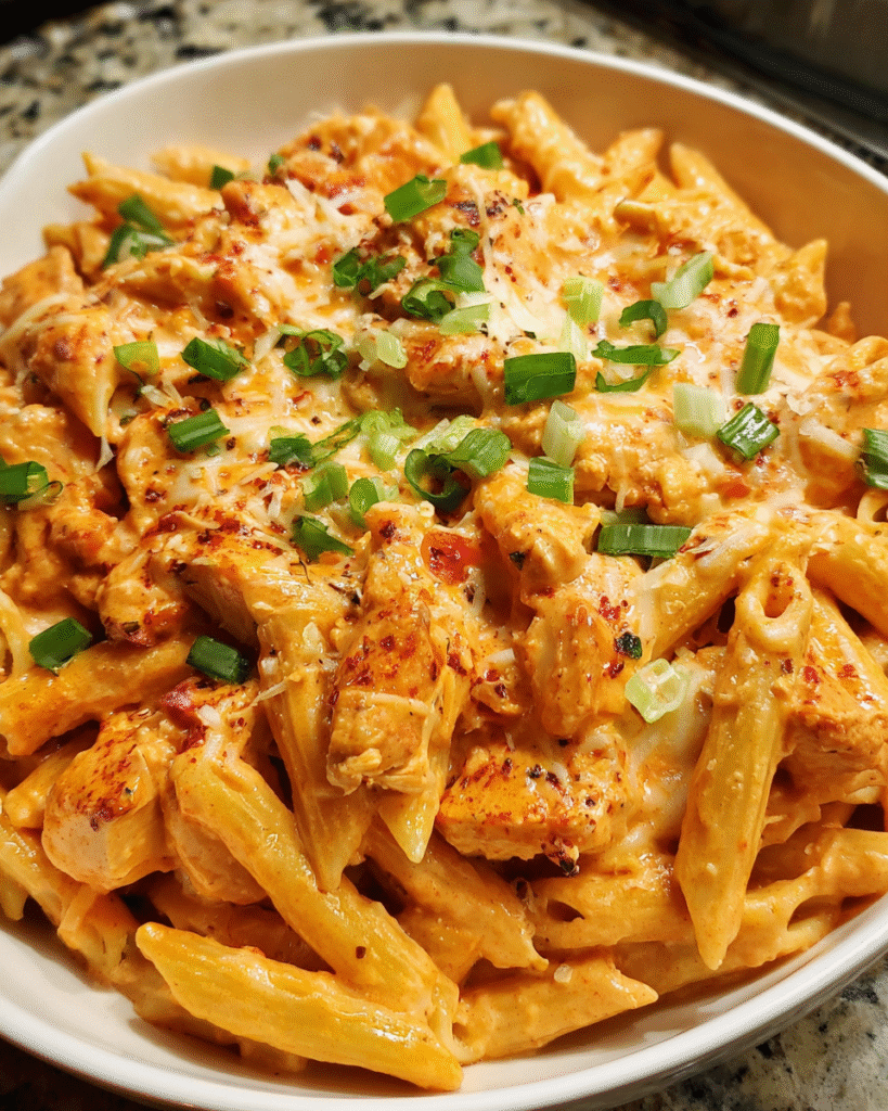 creamy buffalo chicken pasta in a skillet