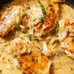 Creamy Chicken Dijon Recipe in skillet with mustard sauce