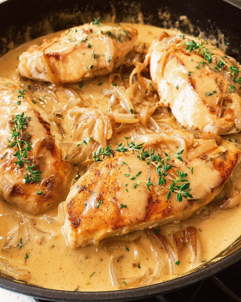 Creamy Chicken Dijon Recipe in skillet with mustard sauce
