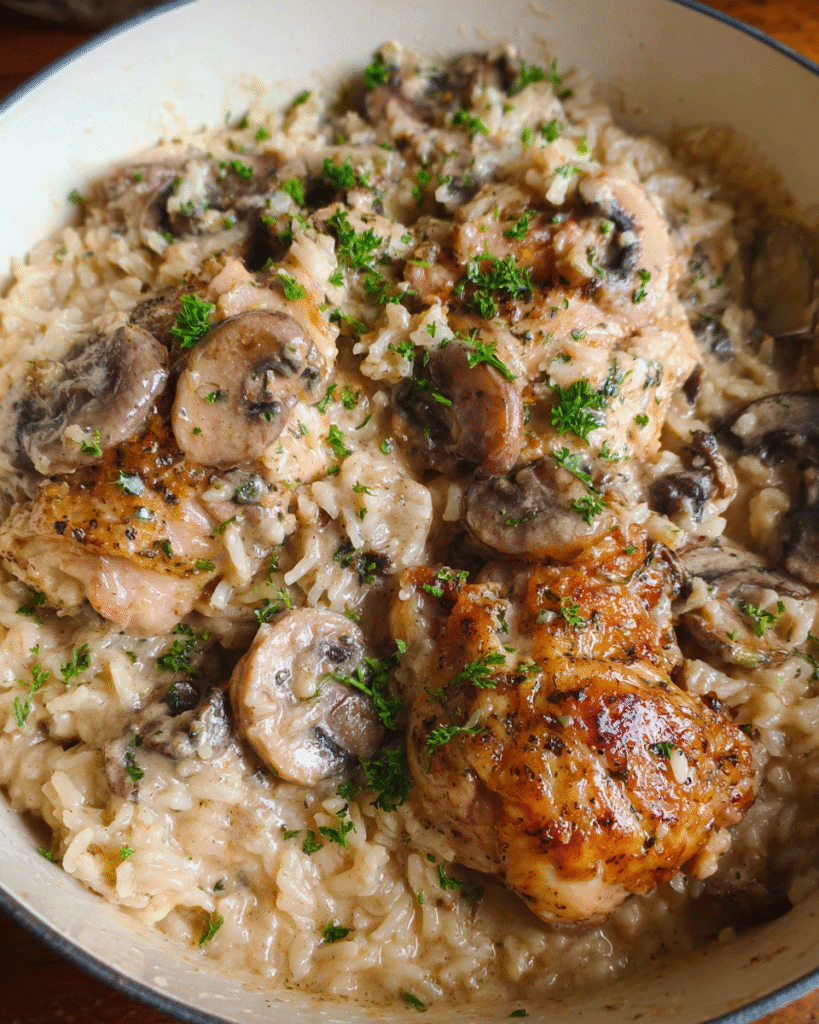 Creamy Chicken and Mushroom Rice in skillet