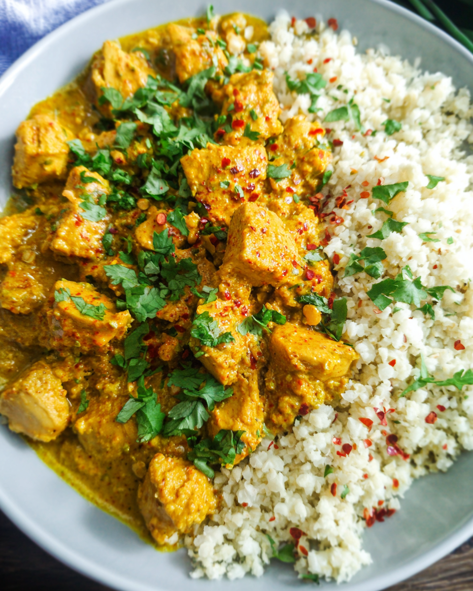 Creamy coconut curry chicken served over cauliflower rice