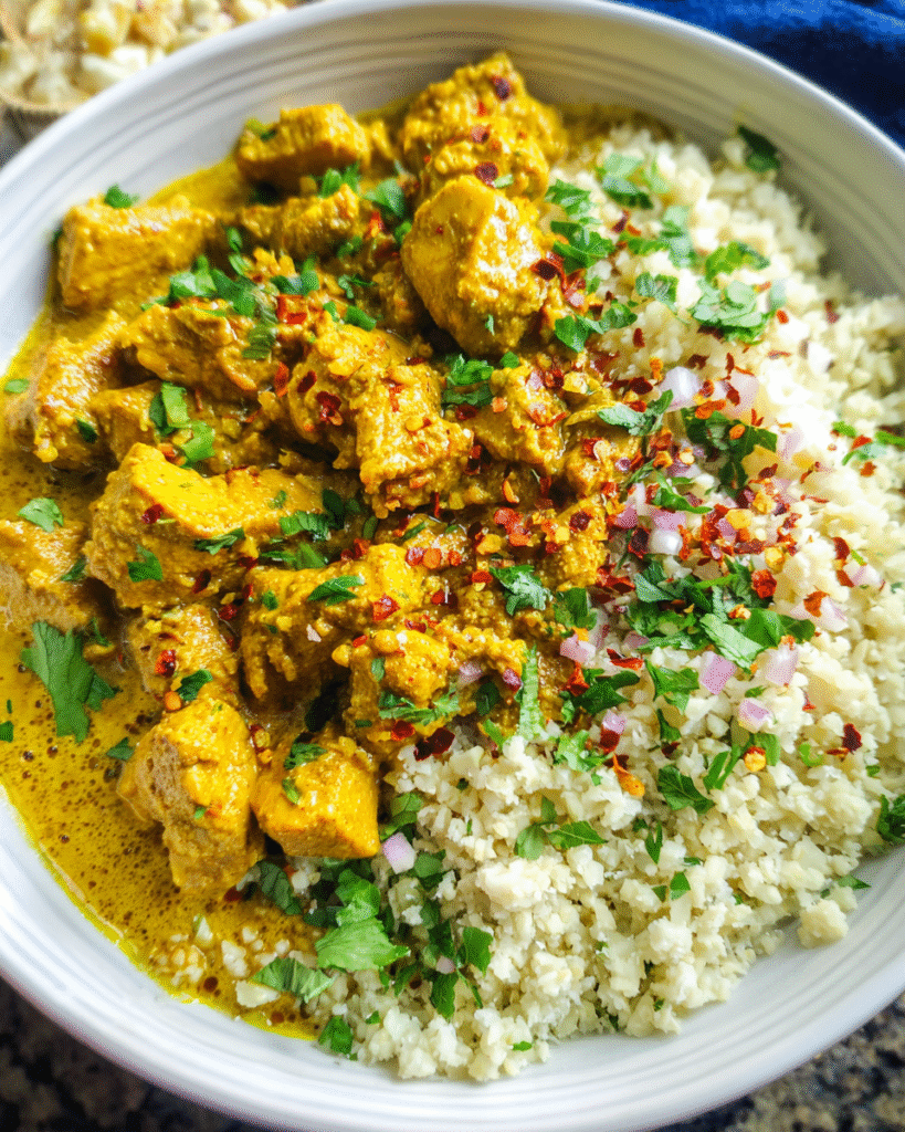 Creamy coconut curry chicken served over cauliflower rice