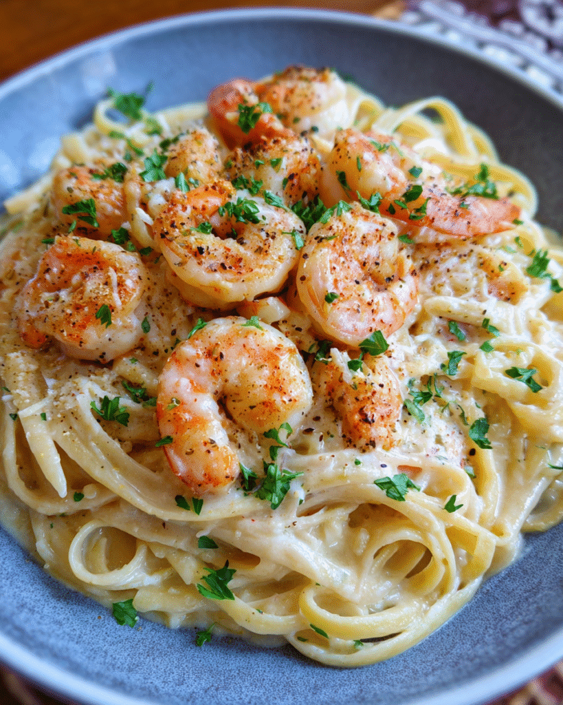 Garlic shrimp pasta with parmesan sauce