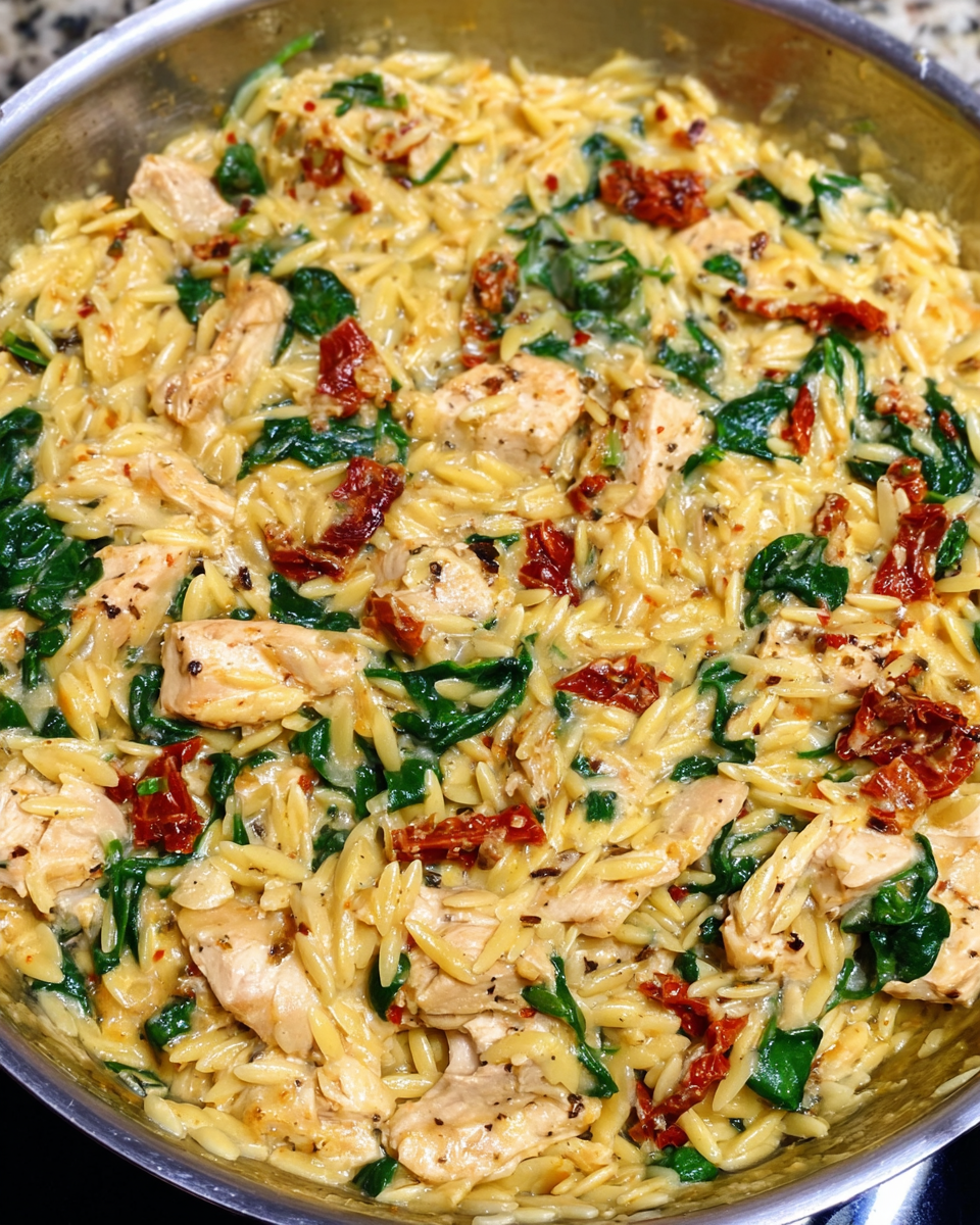 creamy Tuscan turkey and orzo skillet with spinach