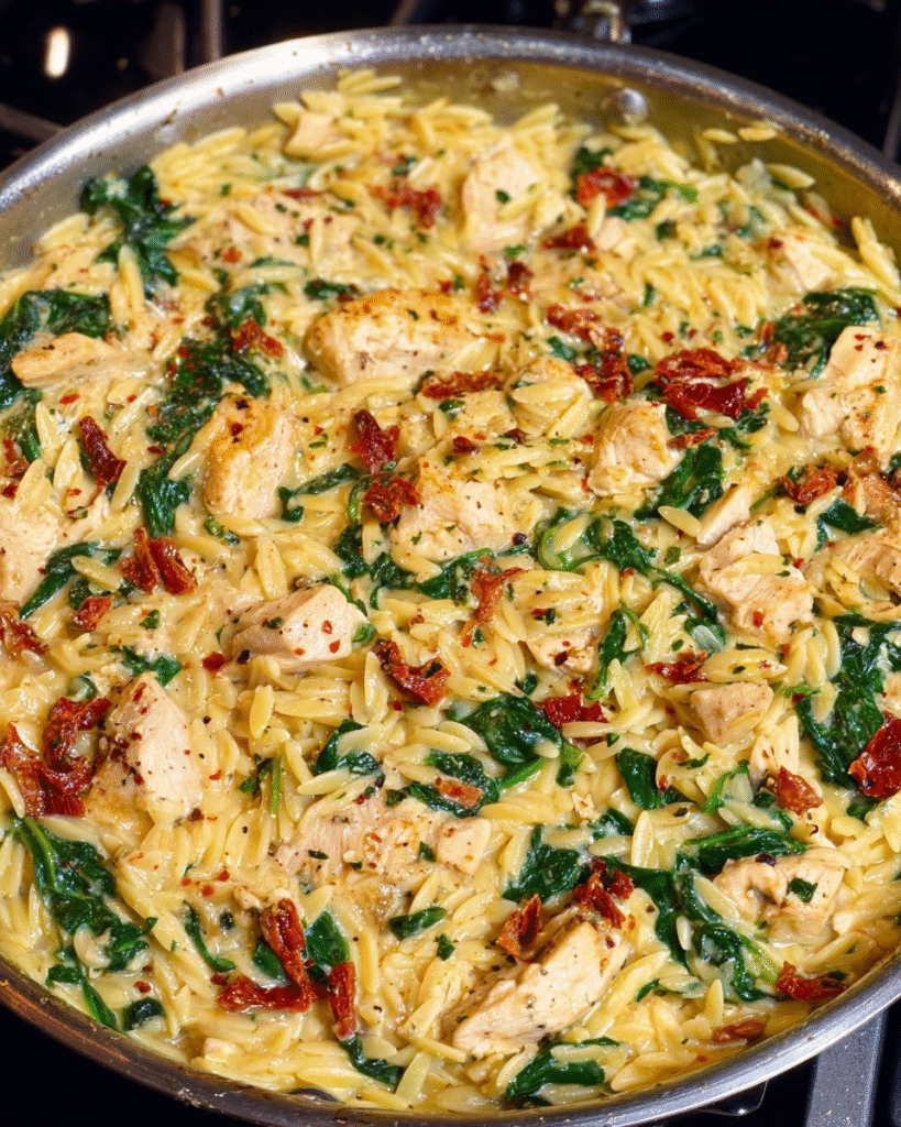 creamy Tuscan turkey and orzo skillet with spinach