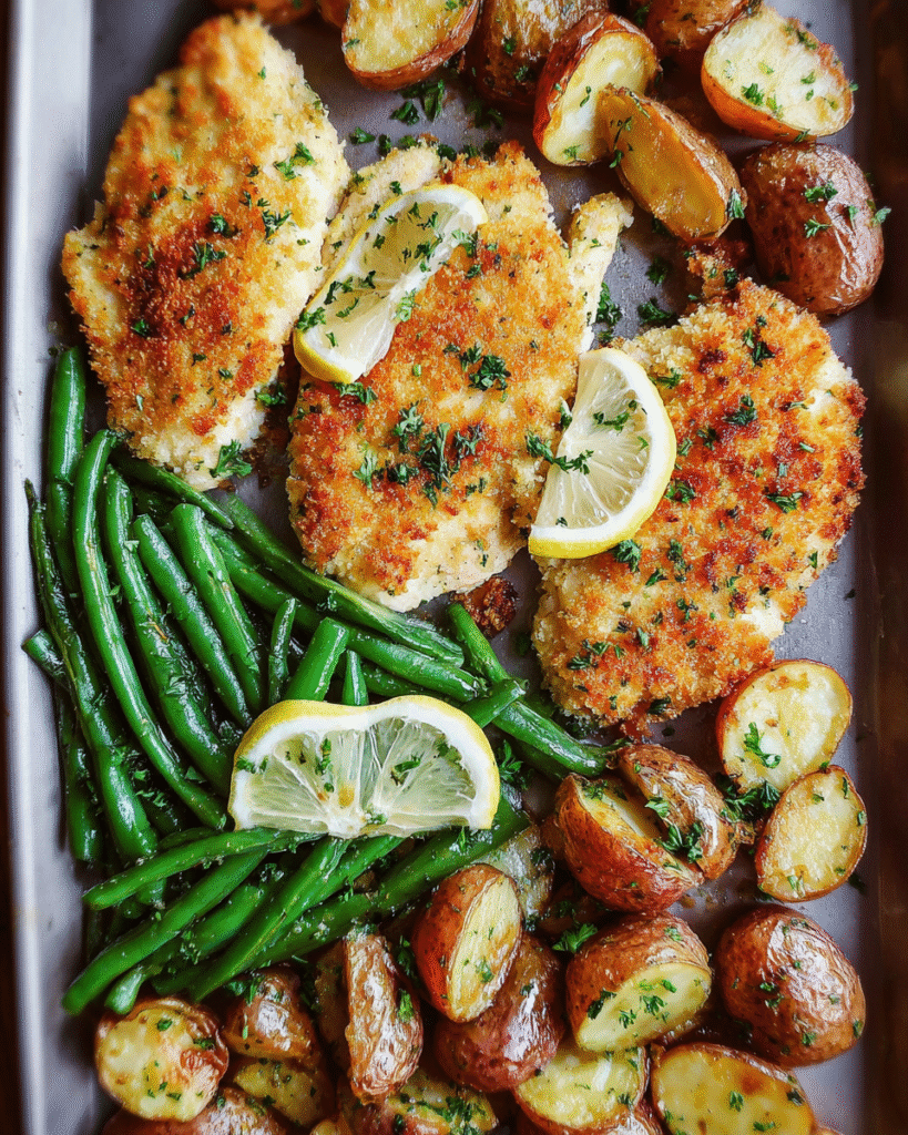 Crispy parmesan baked chicken milanese with roasted vegetables