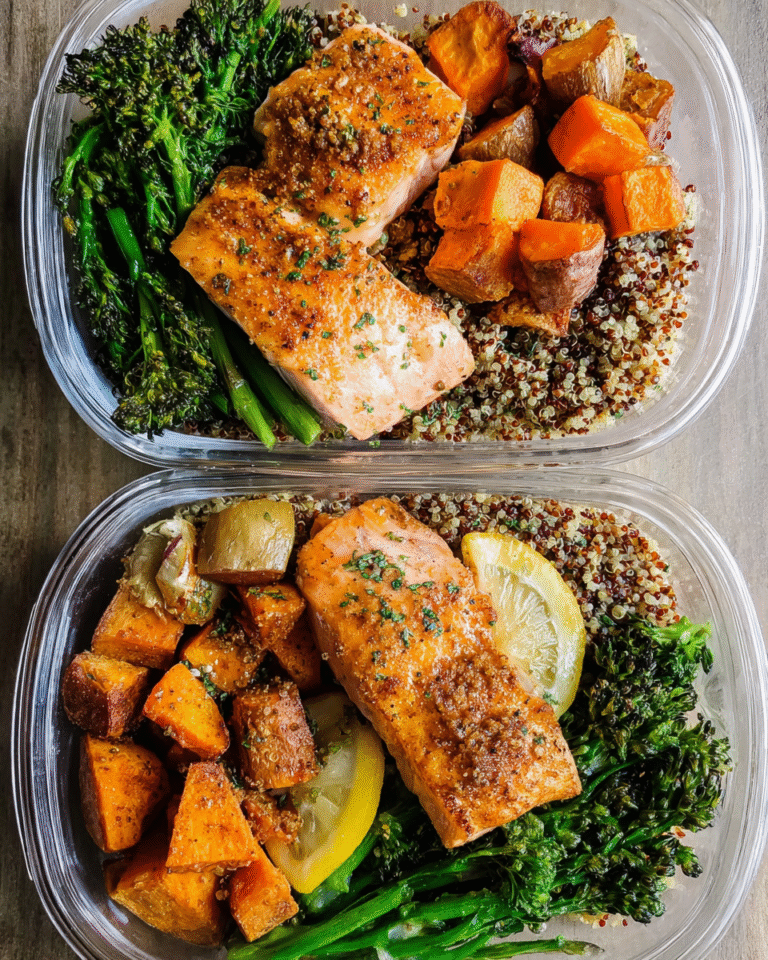Easy salmon meal prep bowl with quinoa and roasted vegetables
