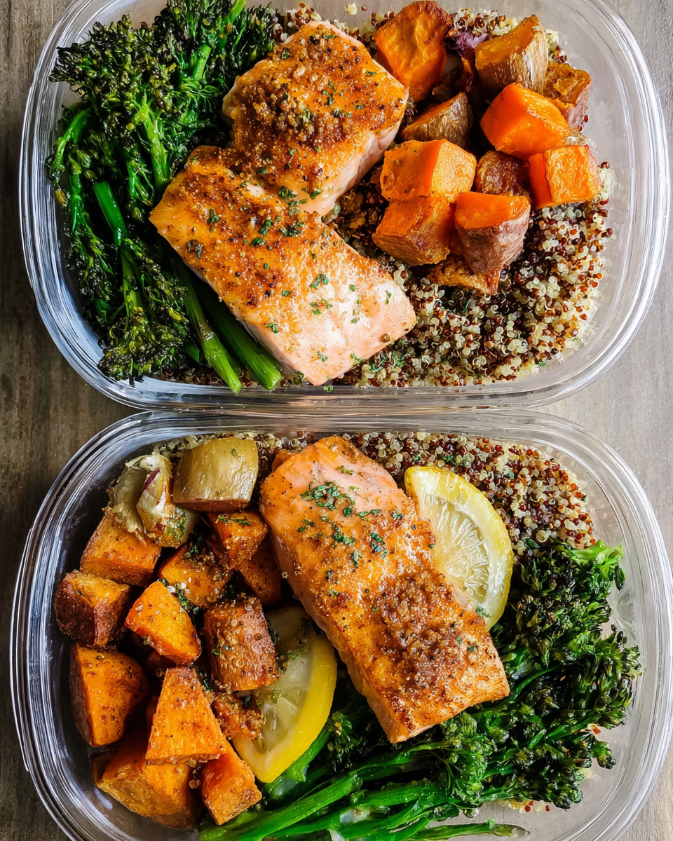 Easy salmon meal prep bowl with quinoa and roasted vegetables