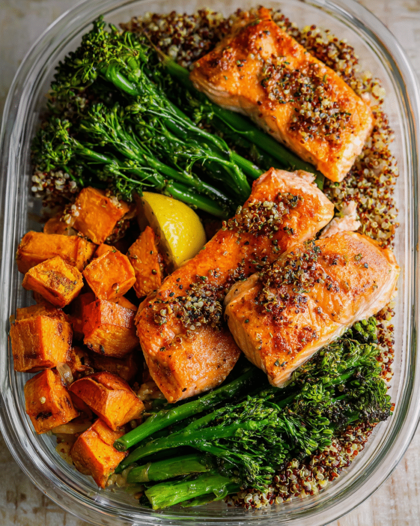 Easy salmon meal prep bowl with quinoa and roasted vegetables