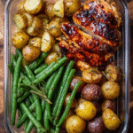 Glazed chicken meal prep with roasted potatoes and green beans in containers