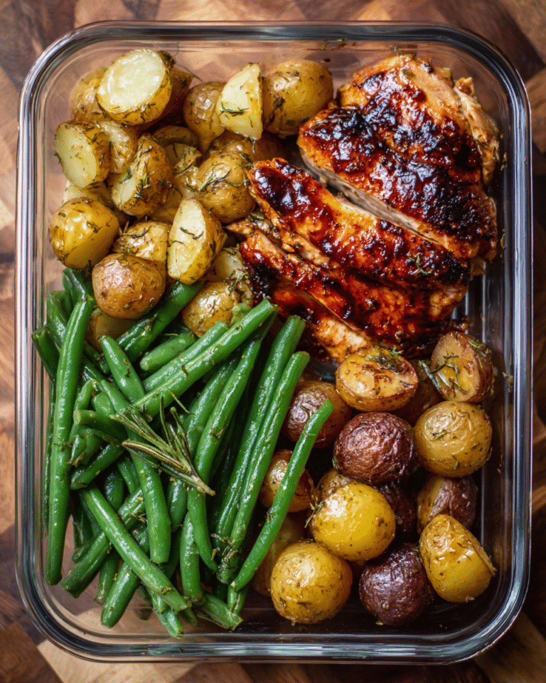 Glazed chicken meal prep with roasted potatoes and green beans in containers