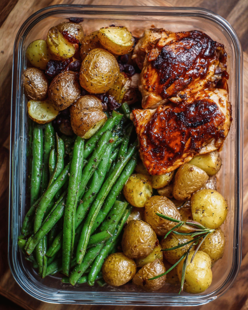 Glazed chicken meal prep with roasted potatoes and green beans in containers