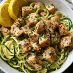 Garlic butter chicken bites served with zucchini noodles in a skillet