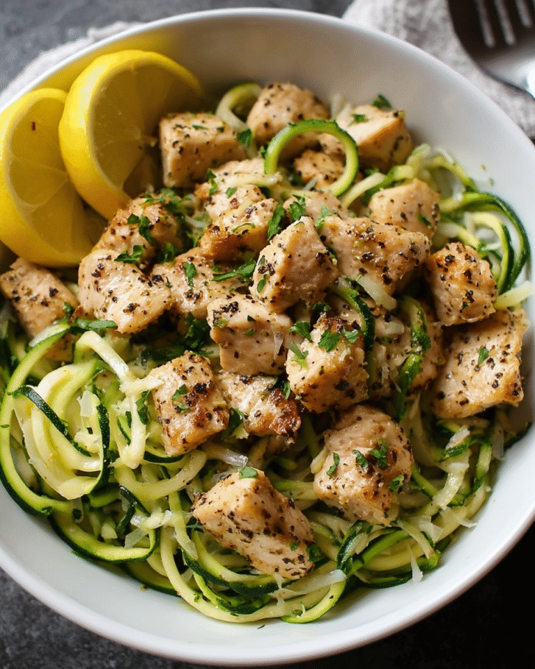 Garlic butter chicken bites served with zucchini noodles in a skillet