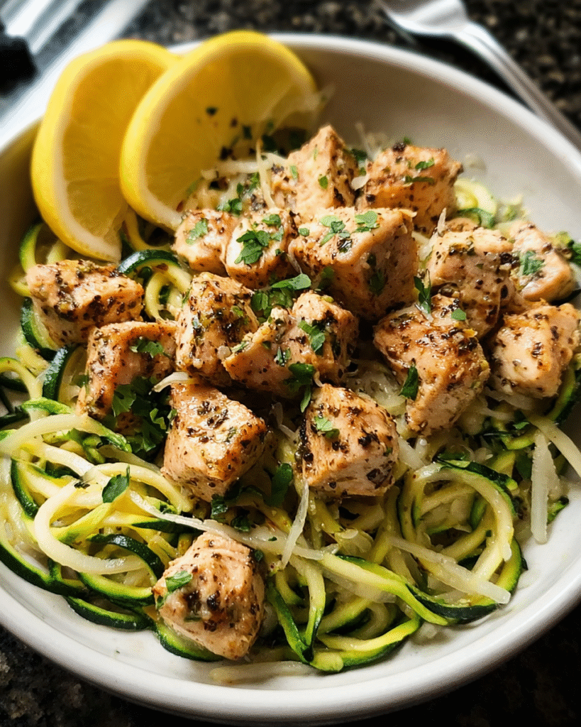 Garlic butter chicken bites served with zucchini noodles in a skillet