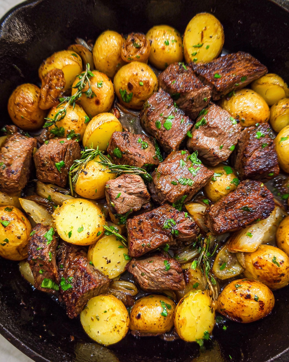 Garlic butter steak and potatoes cooked in a skillet