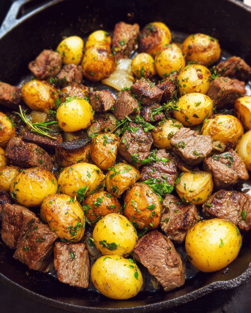 Garlic butter steak and potatoes cooked in a skillet