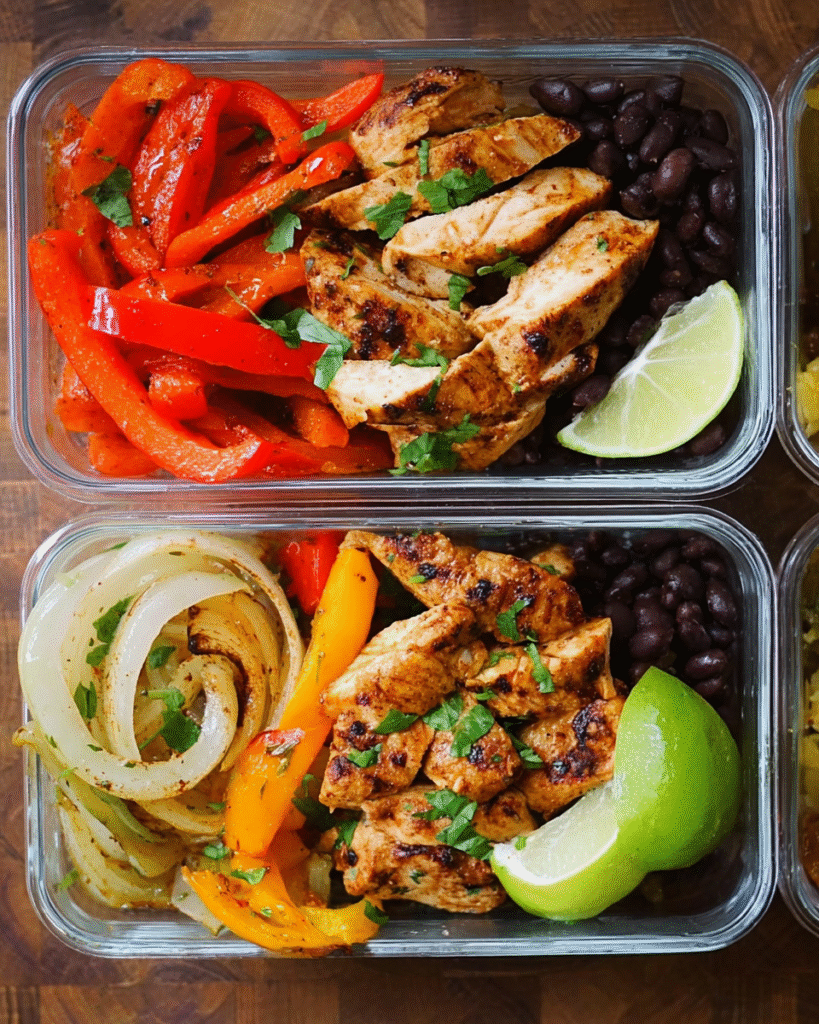 Healthy chicken fajitas meal prep bowls with peppers and black beans