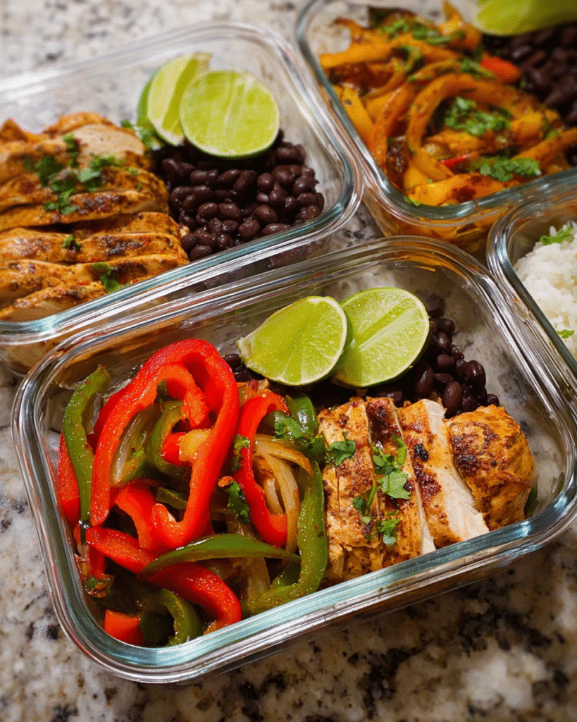 Healthy chicken fajitas meal prep bowls with peppers and black beans