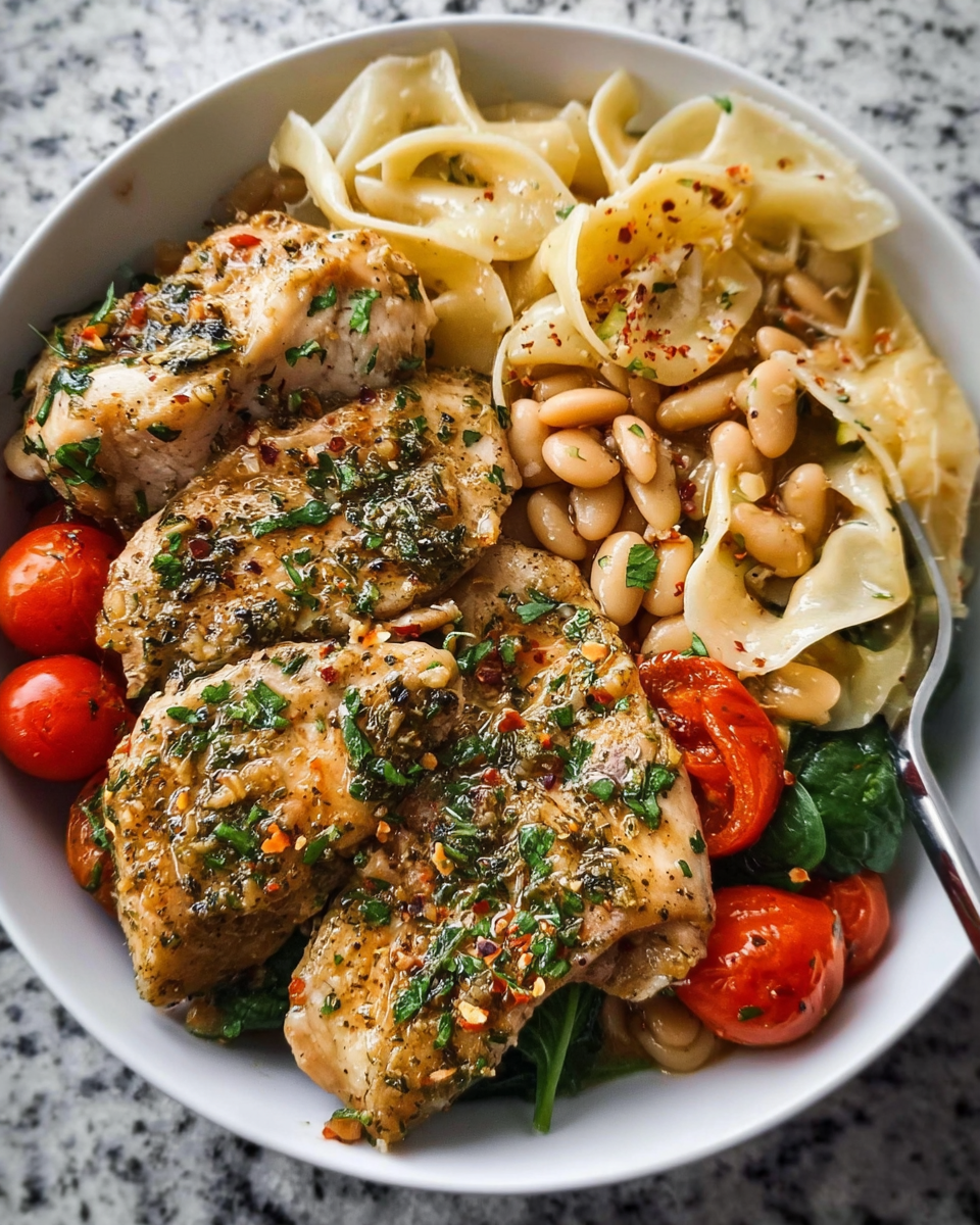 Herb Butter Chicken Meal Prep with Tuscan White Bean Pasta in meal prep containers