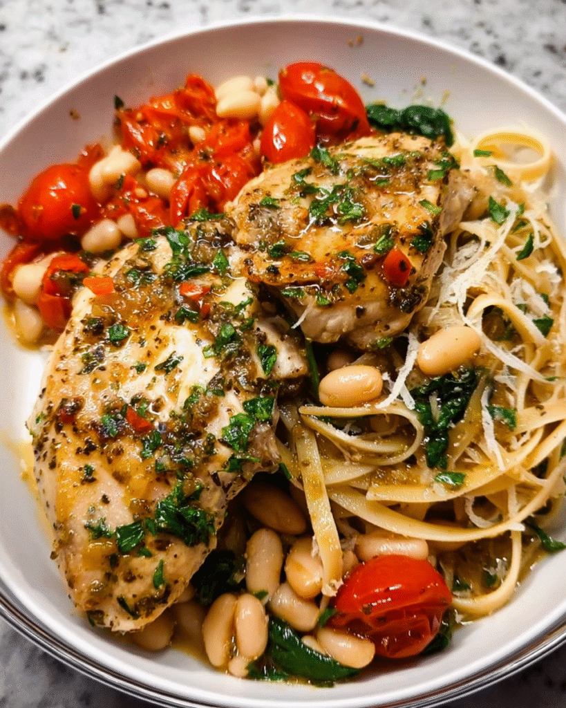 Herb Butter Chicken Meal Prep with Tuscan White Bean Pasta in meal prep containers