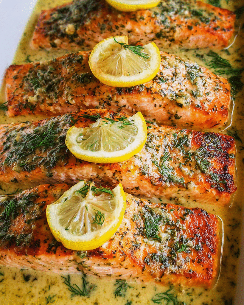 Pan-seared salmon fillets topped with creamy lemon dill butter sauce in skillet