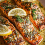 Pan-seared salmon fillets topped with creamy lemon dill butter sauce in skillet