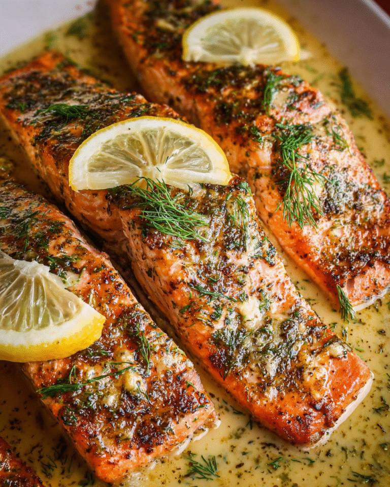 Pan-seared salmon fillets topped with creamy lemon dill butter sauce in skillet