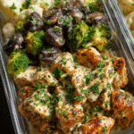 High protein chicken Alfredo meal prep with roasted vegetables