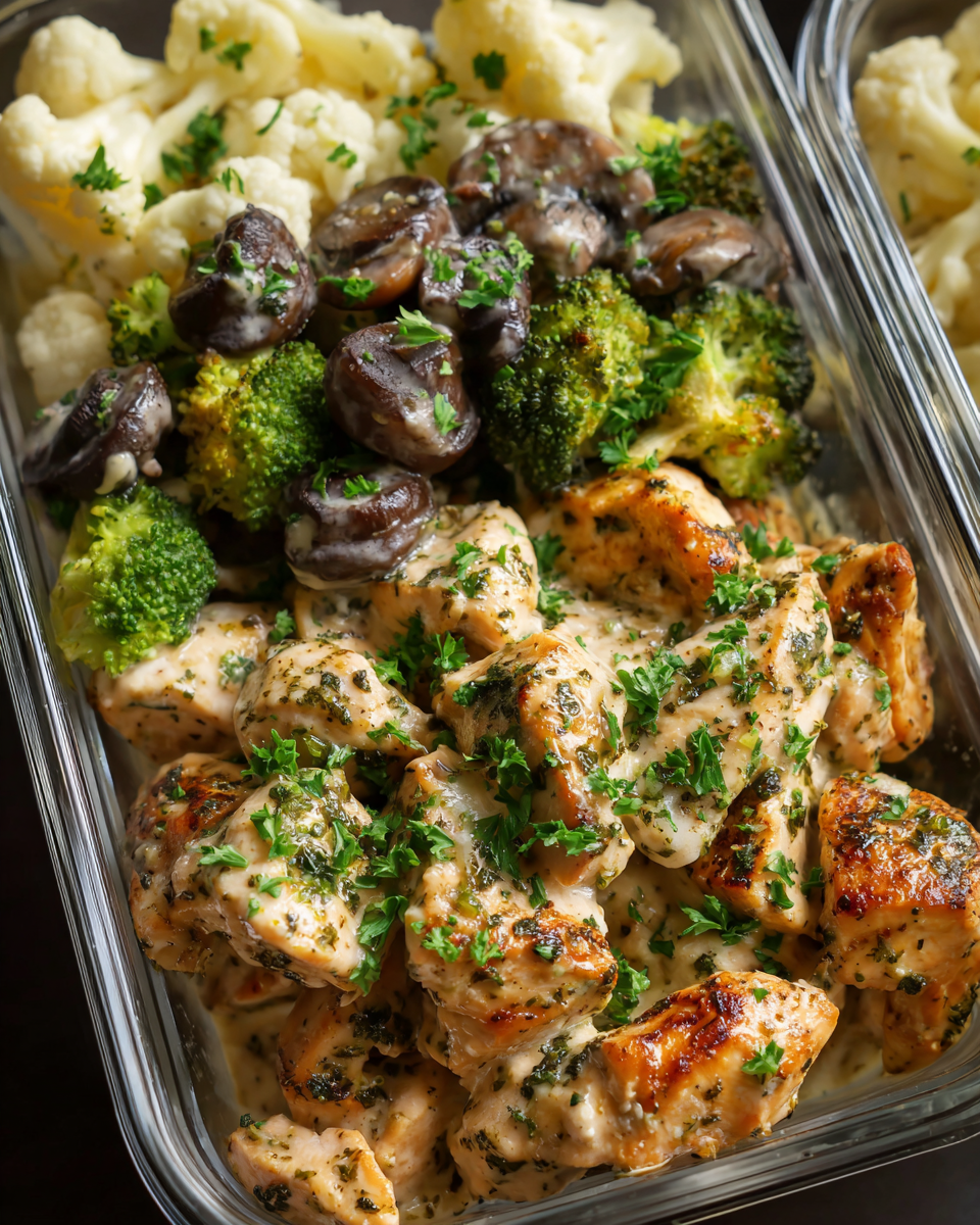 High protein chicken Alfredo meal prep with roasted vegetables