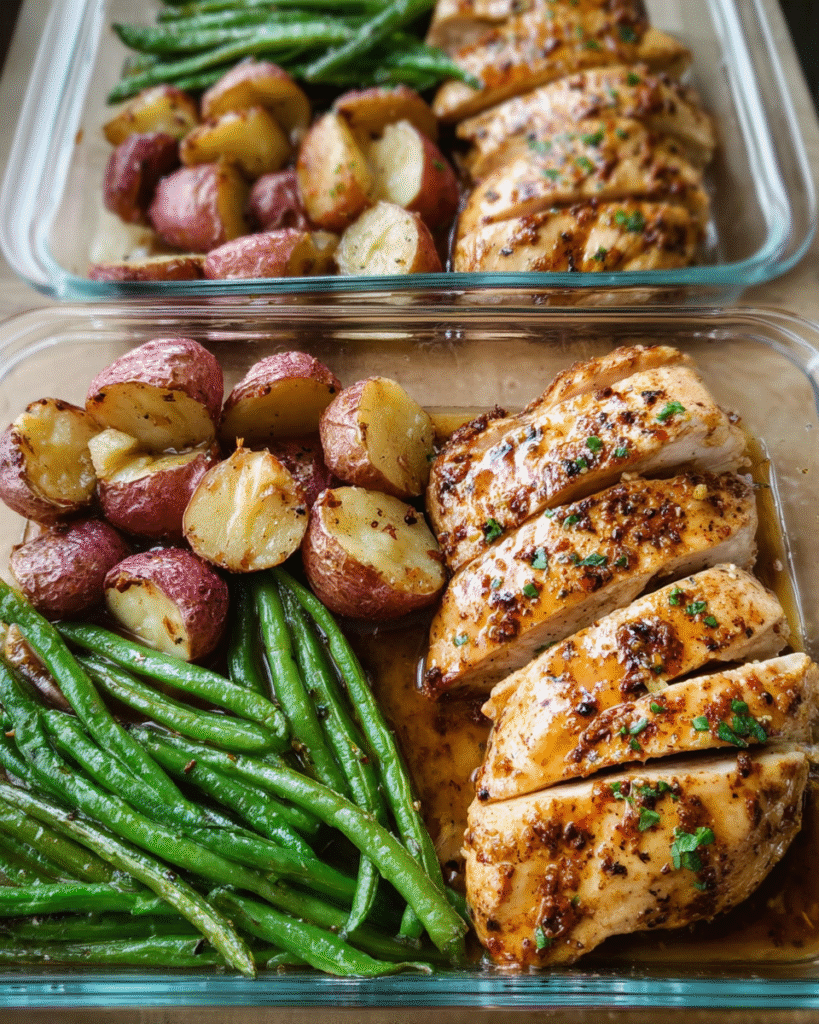 Honey Mustard Chicken Meal Prep with Roasted Potatoes and Green Beans