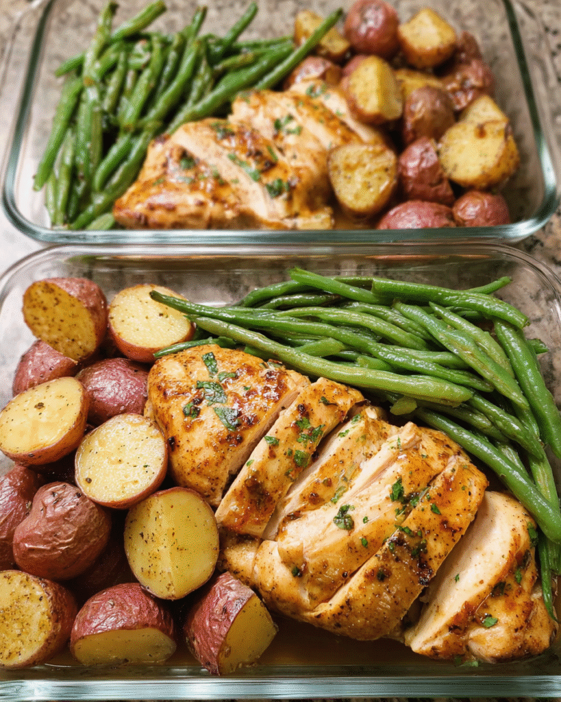 Honey Mustard Chicken Meal Prep with Roasted Potatoes and Green Beans