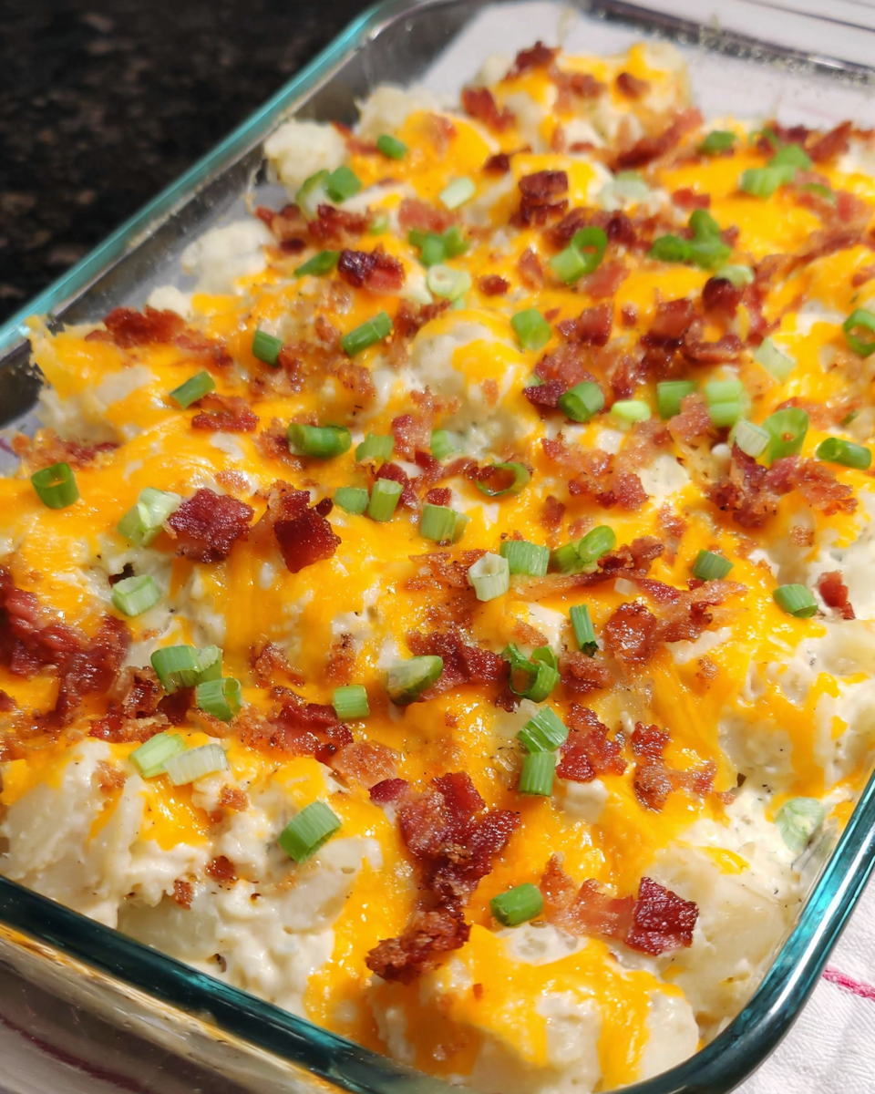 Loaded baked potato casserole with cheddar cheese and green onions