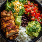 Meal-prep chicken burrito bowl with rice, chicken, guacamole, and veggies