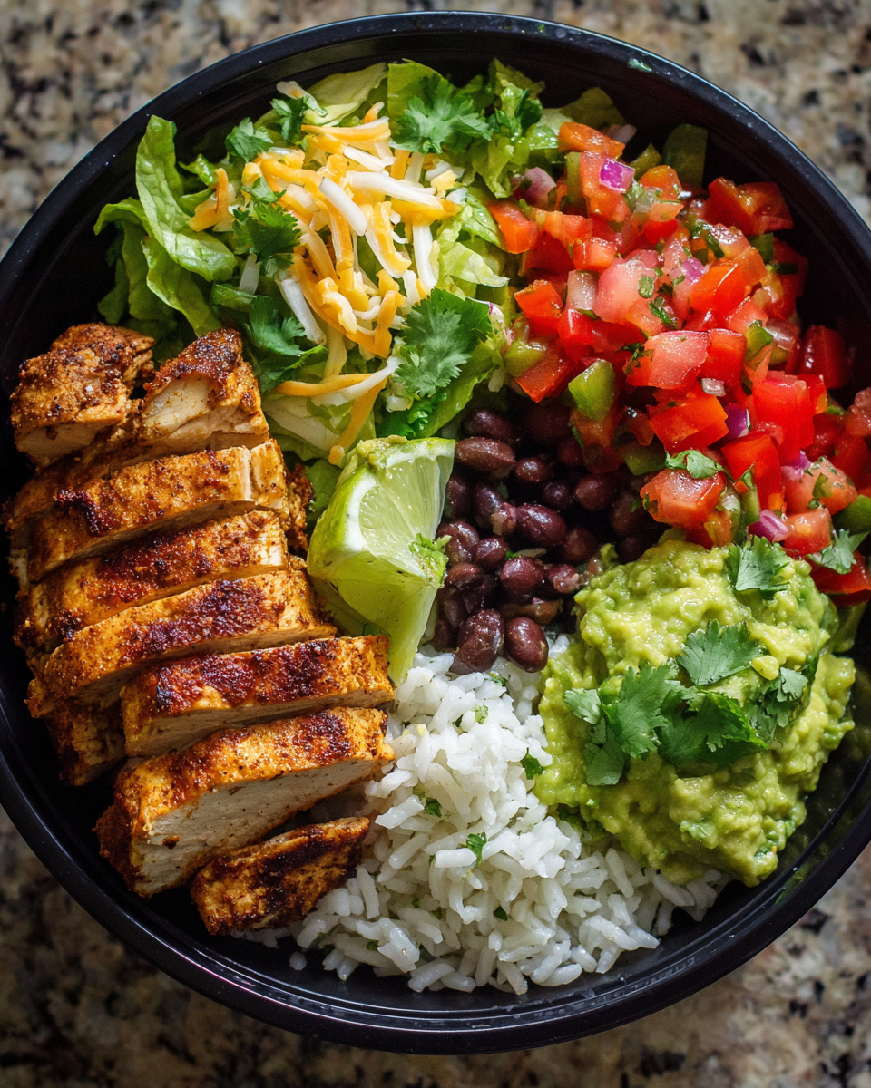 Meal-prep chicken burrito bowl with rice, chicken, guacamole, and veggies