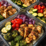 Meal prep containers filled with healthy roasted chicken and veggies