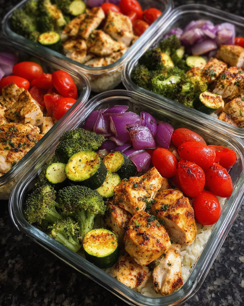 Meal prep containers filled with healthy roasted chicken and veggies