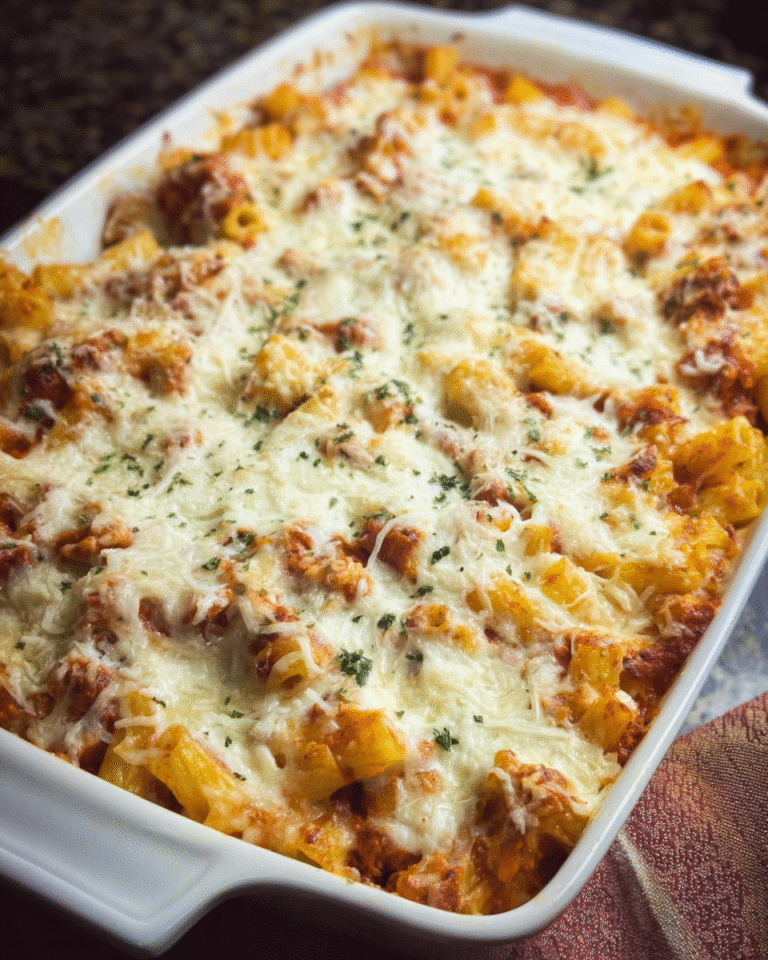 Cheesy make-ahead baked ziti in casserole dish fresh from oven