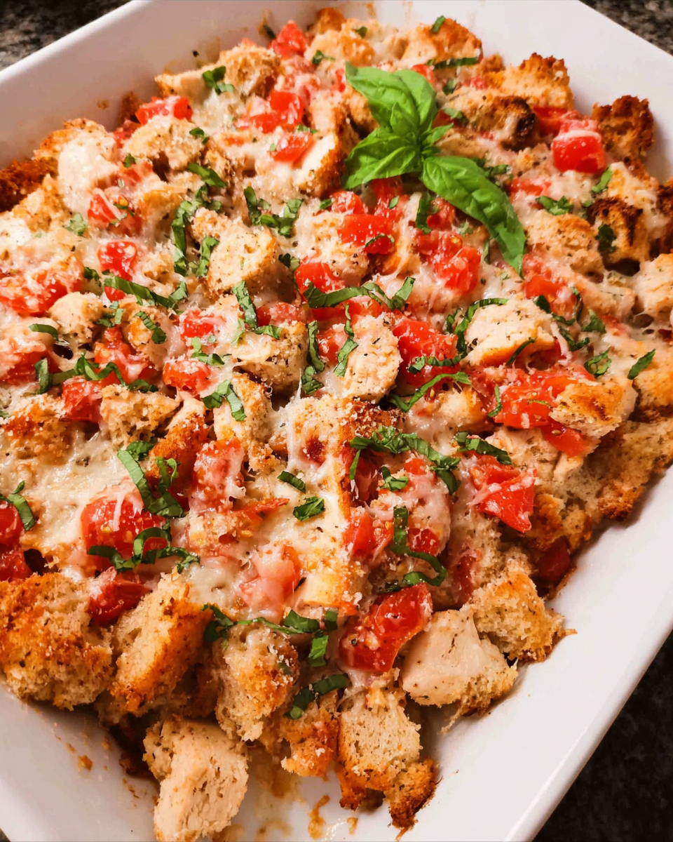 Make-Ahead Bruschetta Chicken Bake topped with stuffing and melted cheese in a white baking dish