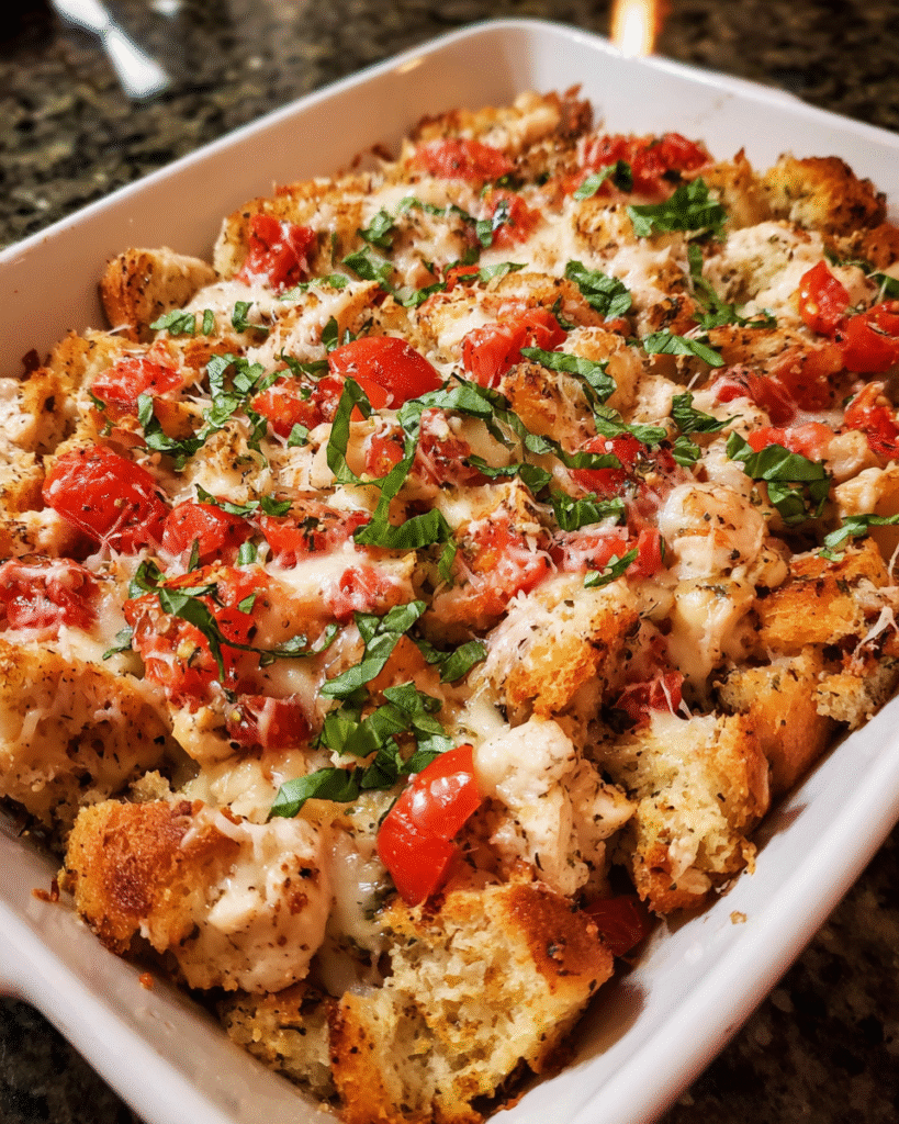 Make-Ahead Bruschetta Chicken Bake topped with stuffing and melted cheese in a white baking dish