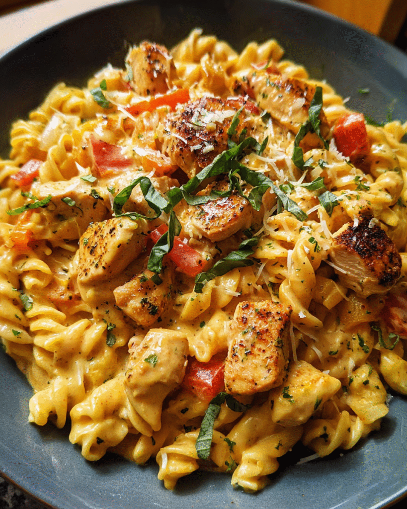 Make-Ahead Cajun Chicken Pasta Bowls with creamy sauce and peppers in a meal prep container