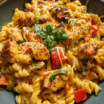 Make-Ahead Cajun Chicken Pasta Bowls with creamy sauce and peppers in a meal prep container