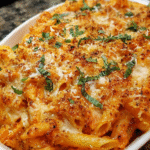Make-Ahead Chicken Parmesan Pasta Bake with golden topping in baking dish
