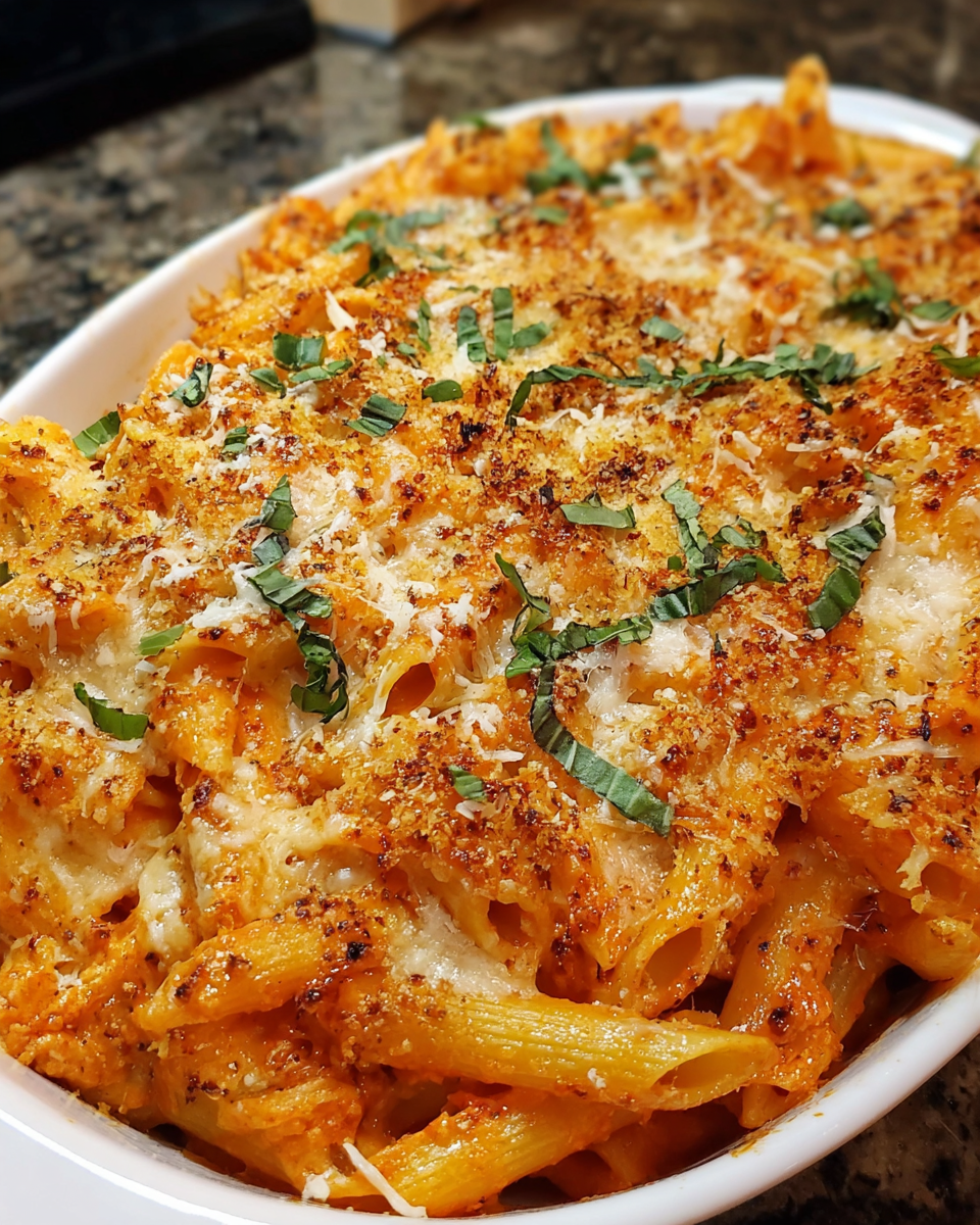 Make-Ahead Chicken Parmesan Pasta Bake with golden topping in baking dish