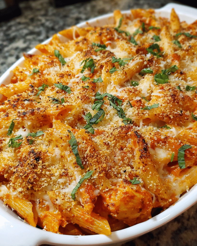 Make-Ahead Chicken Parmesan Pasta Bake with golden topping in baking dish