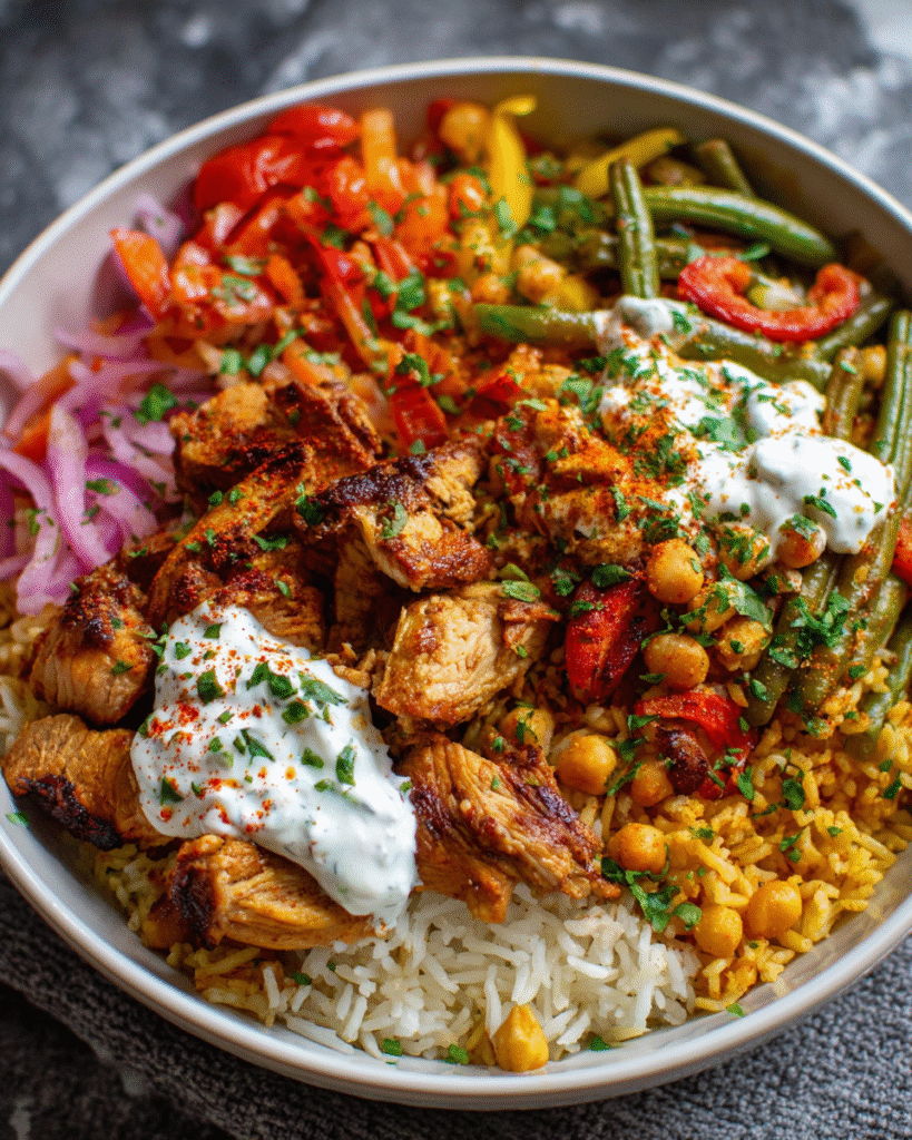 Make-Ahead Chicken Shawarma Rice Bake with veggies and tzatziki