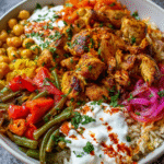 Make-Ahead Chicken Shawarma Rice Bake with veggies and tzatziki