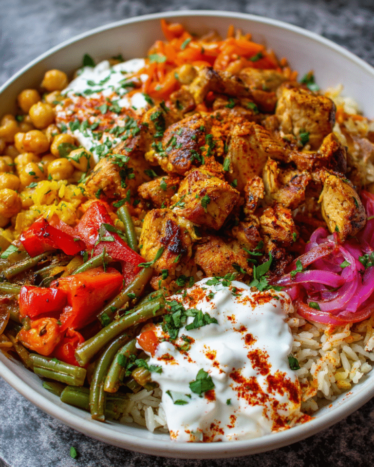 Make-Ahead Chicken Shawarma Rice Bake with veggies and tzatziki