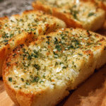 Golden baked make-ahead freezer garlic bread on baking sheet